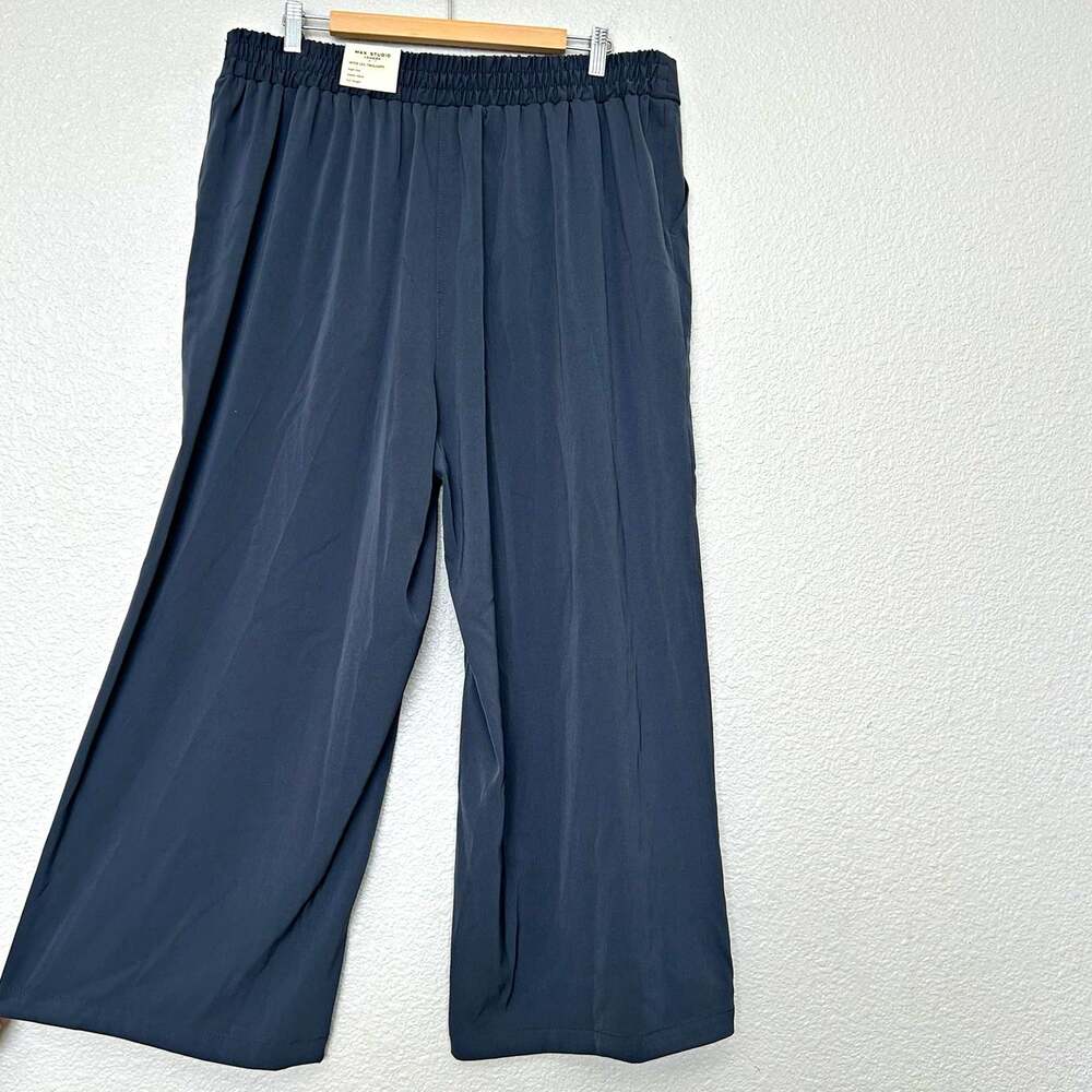 Max Studio London Womens Plus 1X Blue Grey Wide-Leg Pants Elastic Waist
